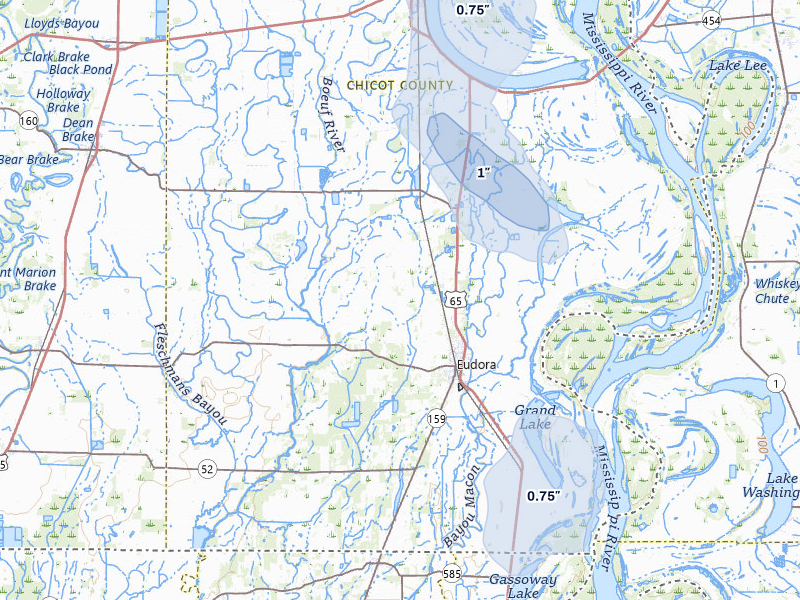 NEXRAD radar-signature map of the hail storm over Eudora, AR on Jun 1, 2026