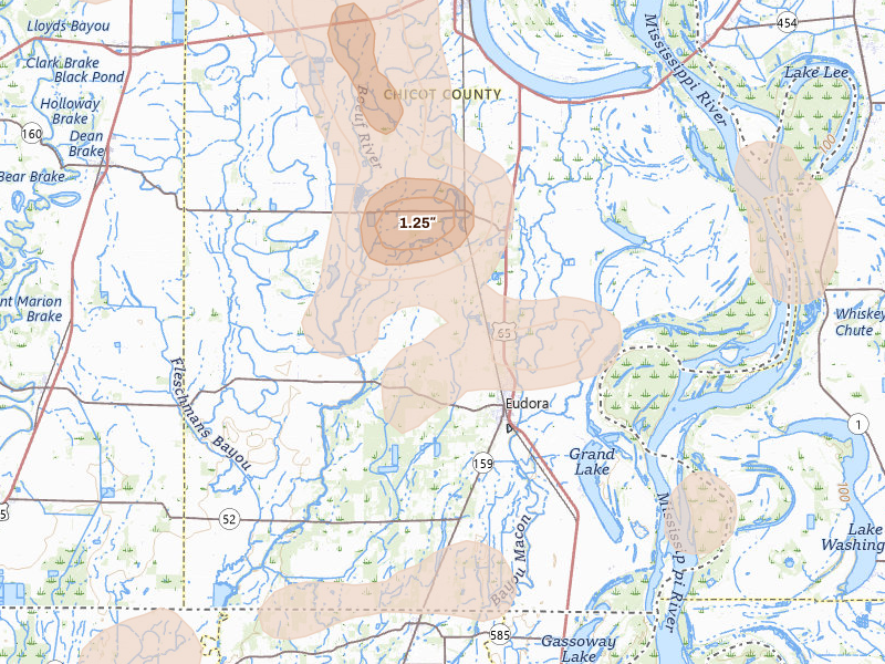 Radar-estimated hail-size map of the storm over Eudora, AR on Jul 8, 2026