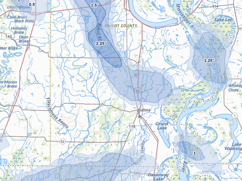 NEXRAD radar-signature map of the hail storm over Eudora, AR on Jul 8, 2026