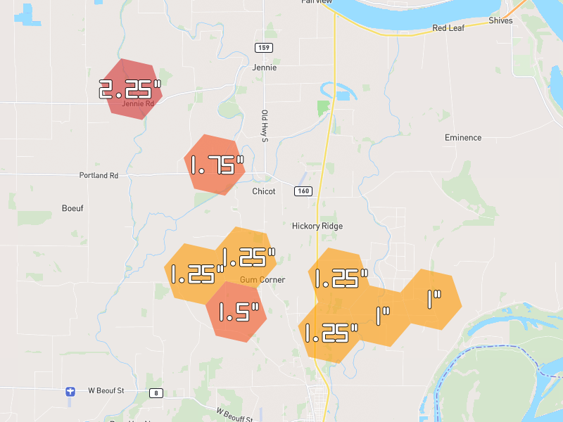 Hail map of Eudora, AR on Jul 8, 2026, hail up to 2.25"