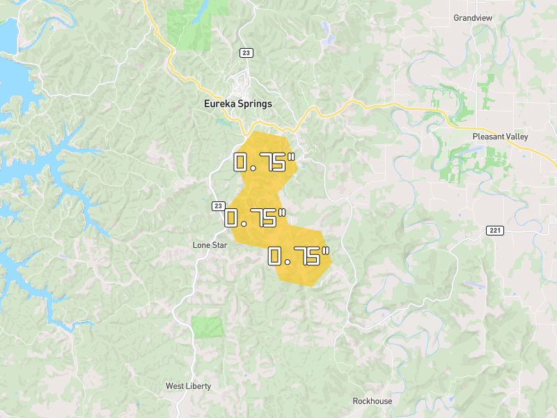 Hail map of Eureka Springs, AR on Jun 2, 2026, hail up to 0.75"