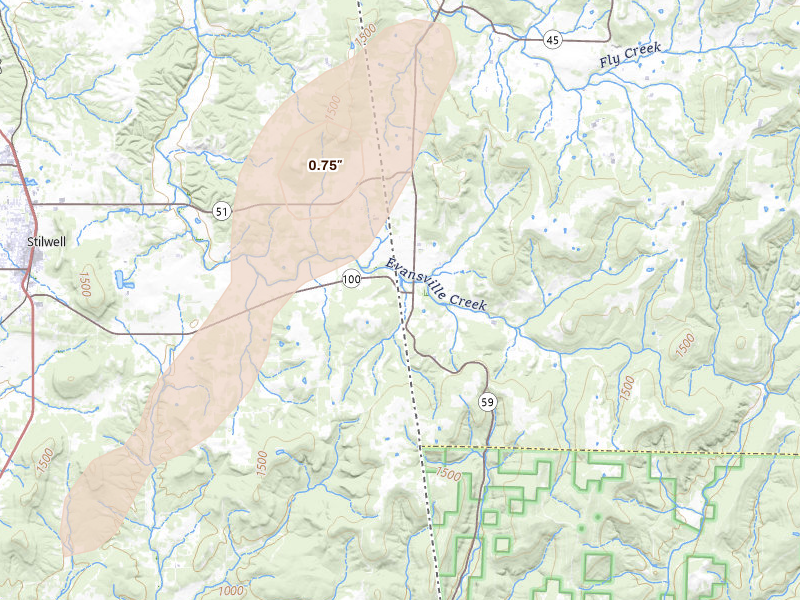Radar-estimated hail-size map of the storm over Evansville, AR on Mar 6, 2026