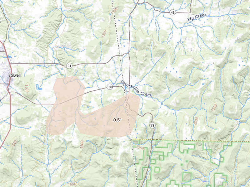 Radar-estimated hail-size map of the storm over Evansville, AR on Apr 25, 2026