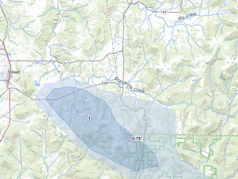 NEXRAD radar-signature map of the hail storm over Evansville, AR on Apr 25, 2026