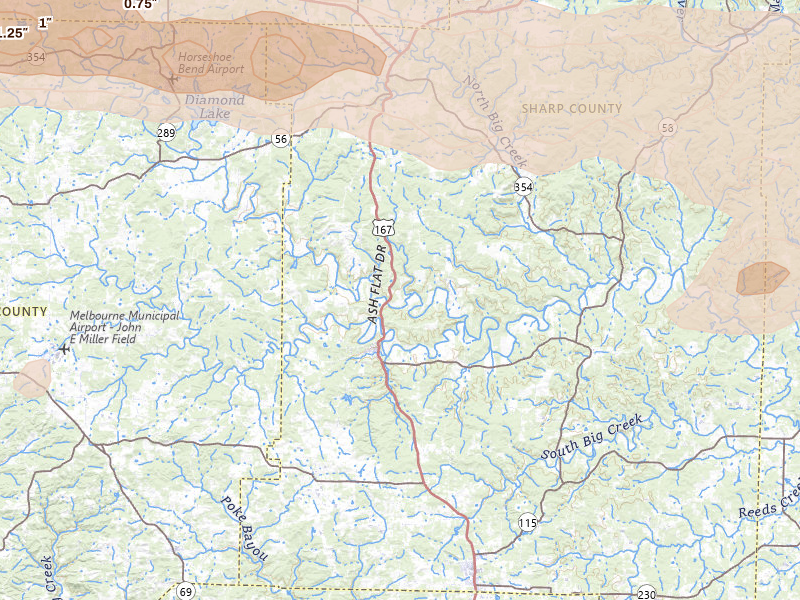 Radar-estimated hail-size map of the storm over Evening Shade, AR on Apr 27, 2026