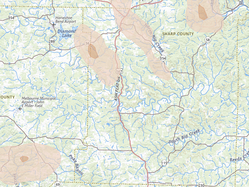 Radar-estimated hail-size map of the storm over Evening Shade, AR on Jun 1, 2026