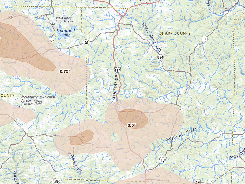 Radar-estimated hail-size map of the storm over Evening Shade, AR