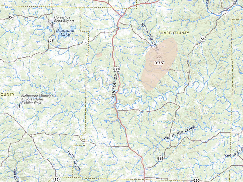 Radar-estimated hail-size map of the storm over Evening Shade, AR on Jun 25, 2026