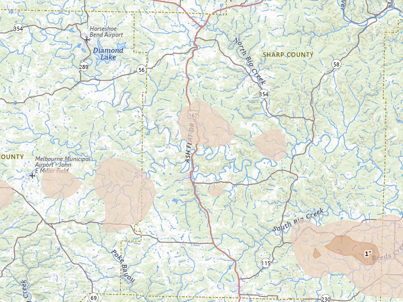 Radar-estimated hail-size map of the storm over Evening Shade, AR on Jul 11, 2026