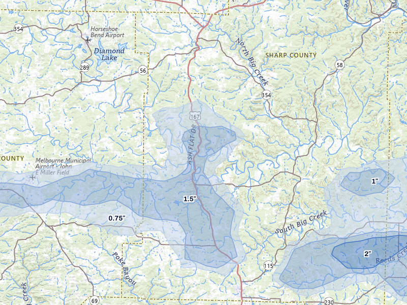 NEXRAD radar-signature map of the hail over Evening Shade, AR