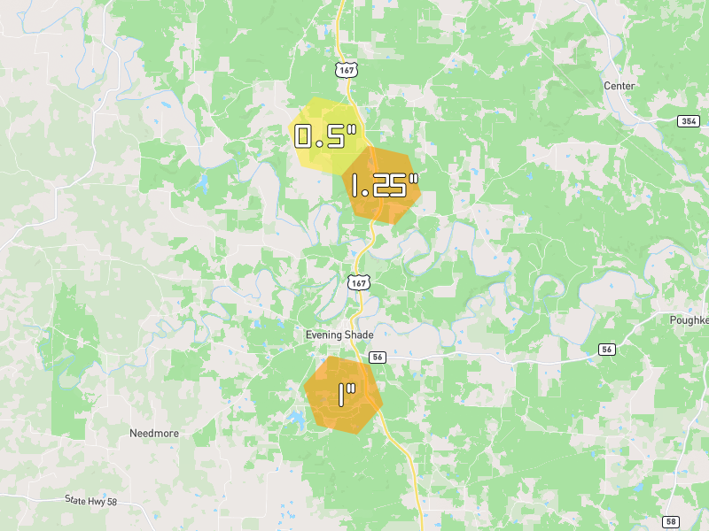 Hail map of Evening Shade, AR on Jul 11, 2026, hail up to 1.25"
