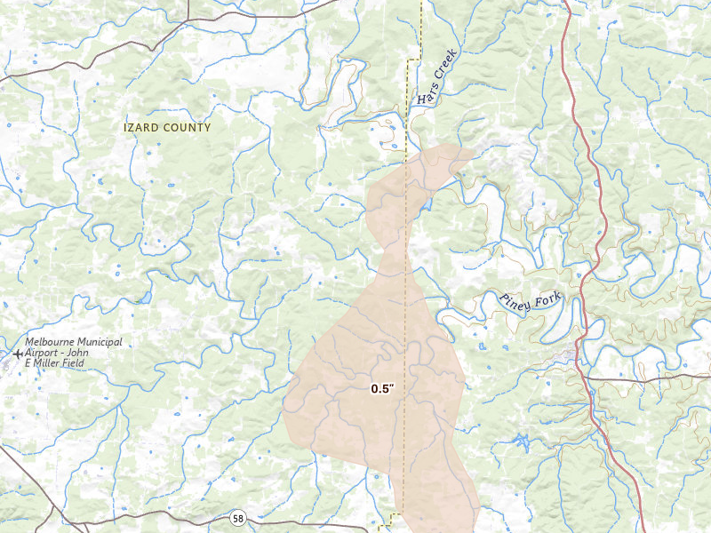 Radar-estimated hail-size map of the storm over Evening Shade, AR on Aug 6, 2026