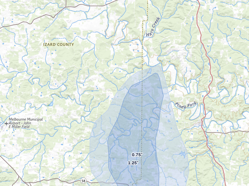 NEXRAD radar-signature map of the hail storm over Evening Shade, AR on Aug 6, 2026