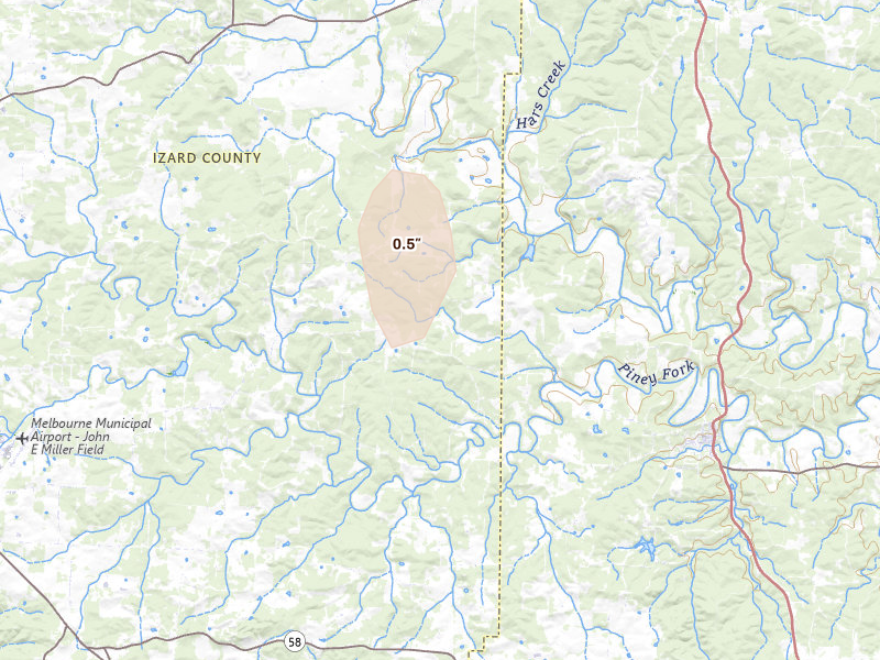 Radar-estimated hail-size map of the storm over Evening Shade, AR on Aug 22, 2026