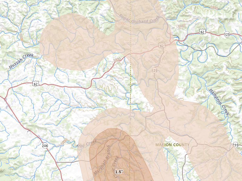 Radar-estimated hail-size map of the storm over Everton, AR on Jun 1, 2026