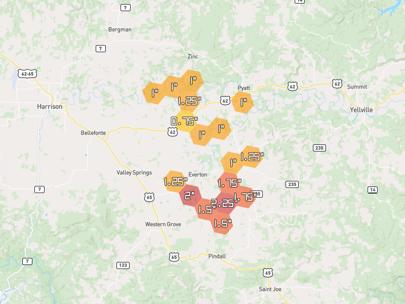 Hail map of Everton, AR on Jun 1, 2026, hail up to 2.25"