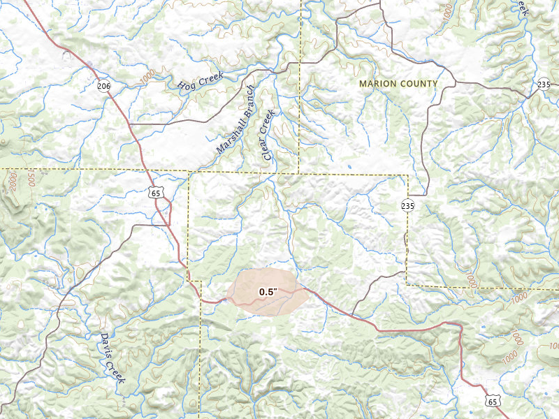 Radar-estimated hail-size map of the storm over Everton, AR on Aug 7, 2026