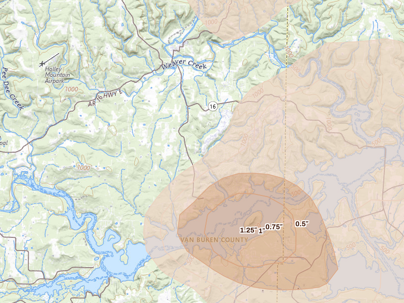 Radar-estimated hail-size map of the storm over Fairfield Bay, AR
