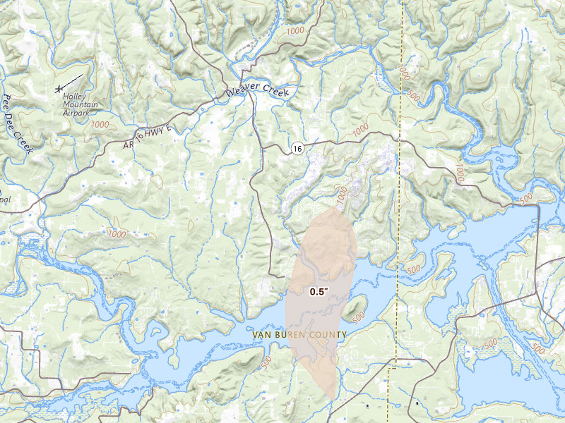 Radar-estimated hail-size map of the storm over Fairfield Bay, AR on Jul 3, 2026