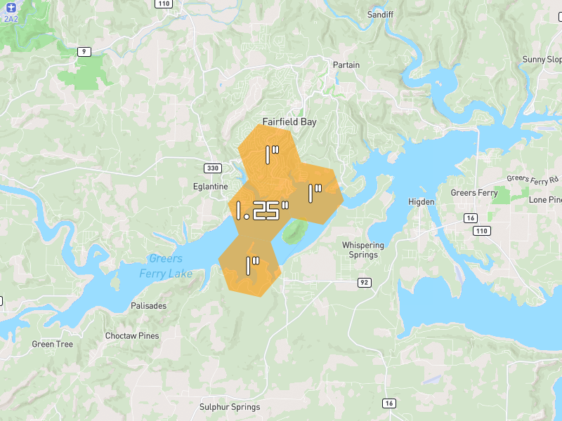 Hail map of Fairfield Bay, AR on Jul 3, 2026, hail up to 1.25"