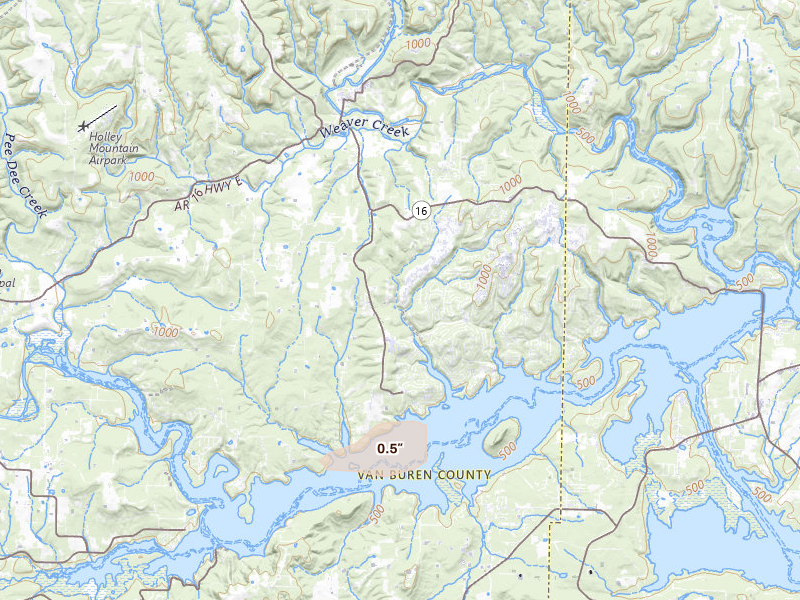Radar-estimated hail-size map of the storm over Fairfield Bay, AR on Jul 14, 2026