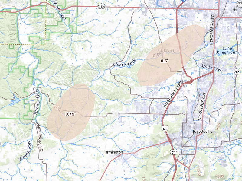 Radar-estimated hail-size map of the storm over Fayetteville, AR on Mar 15, 2026