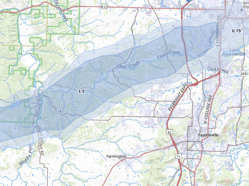 NEXRAD radar-signature map of the hail over Fayetteville, AR
