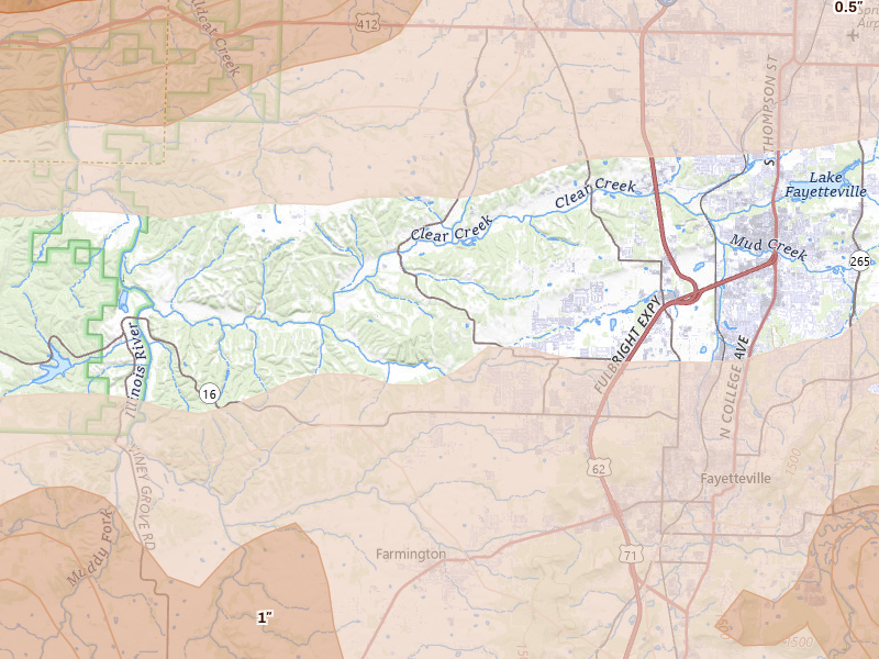 Radar-estimated hail-size map of the storm over Fayetteville, AR on Apr 28, 2026
