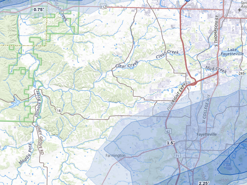 NEXRAD radar-signature map of the hail storm over Fayetteville, AR on Apr 28, 2026