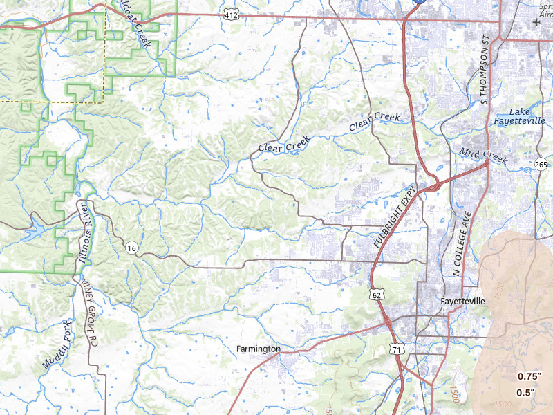 Radar-estimated hail-size map of the storm over Fayetteville, AR on Jul 6, 2026