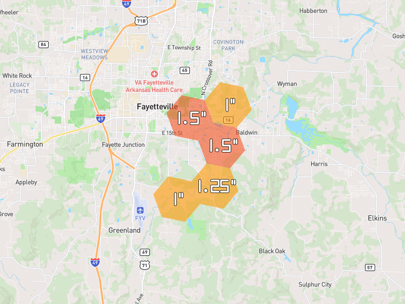 Hail map of Fayetteville, AR on Jul 6, 2026, hail up to 1.5"