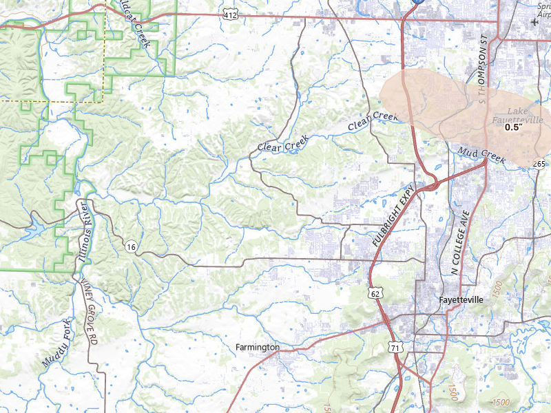 Radar-estimated hail-size map of the storm over Fayetteville, AR on Jul 11, 2026
