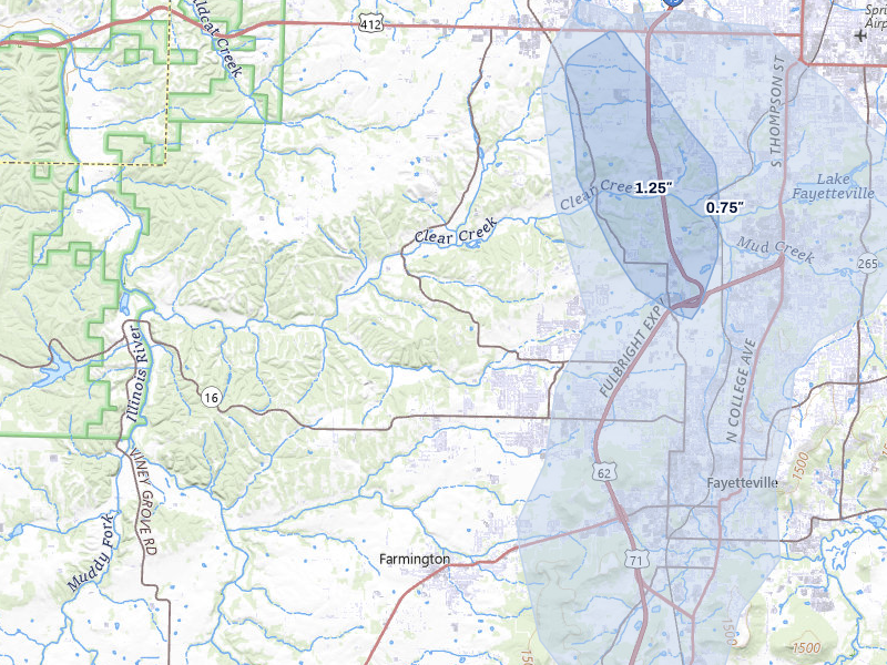 NEXRAD radar-signature map of the hail storm over Fayetteville, AR on Jul 11, 2026