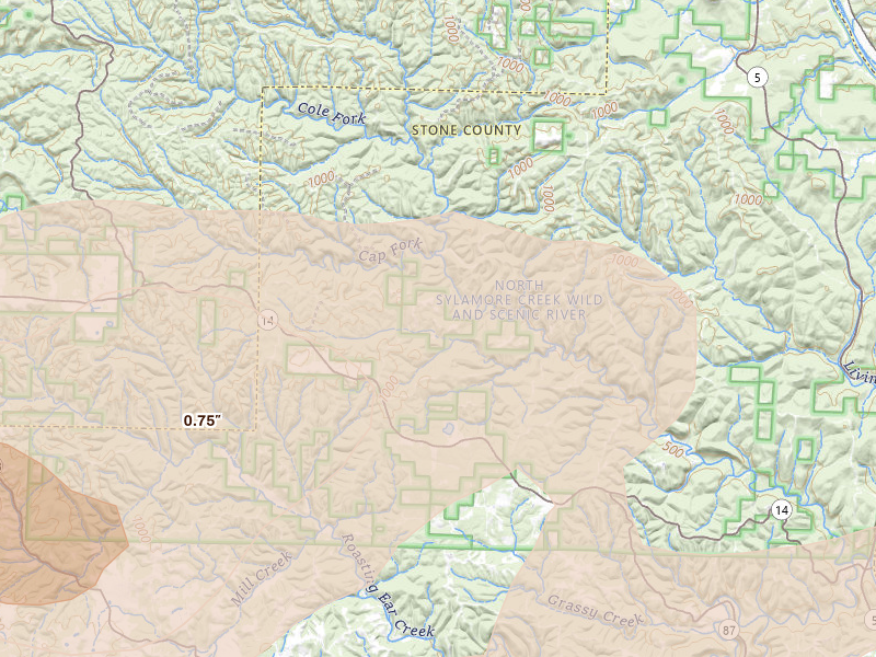 Radar-estimated hail-size map of the storm over Fifty Six, AR on Apr 28, 2026