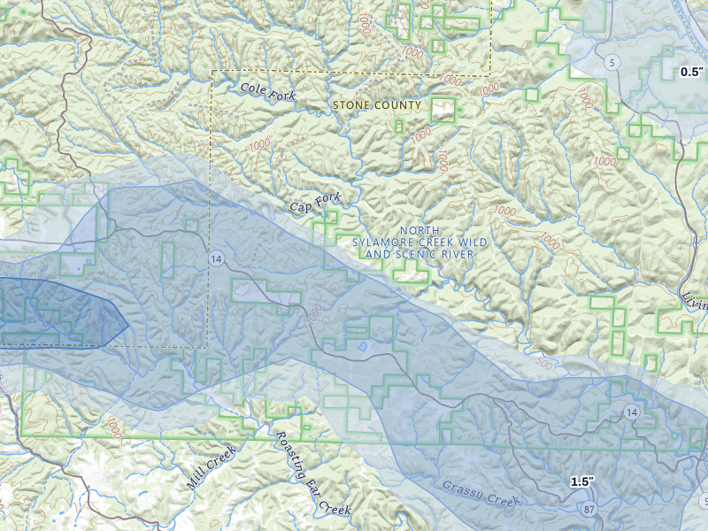 NEXRAD radar-signature map of the hail storm over Fifty Six, AR on Apr 28, 2026