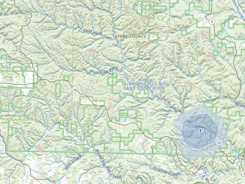 NEXRAD radar-signature map of the hail storm over Fifty Six, AR on Jul 3, 2026