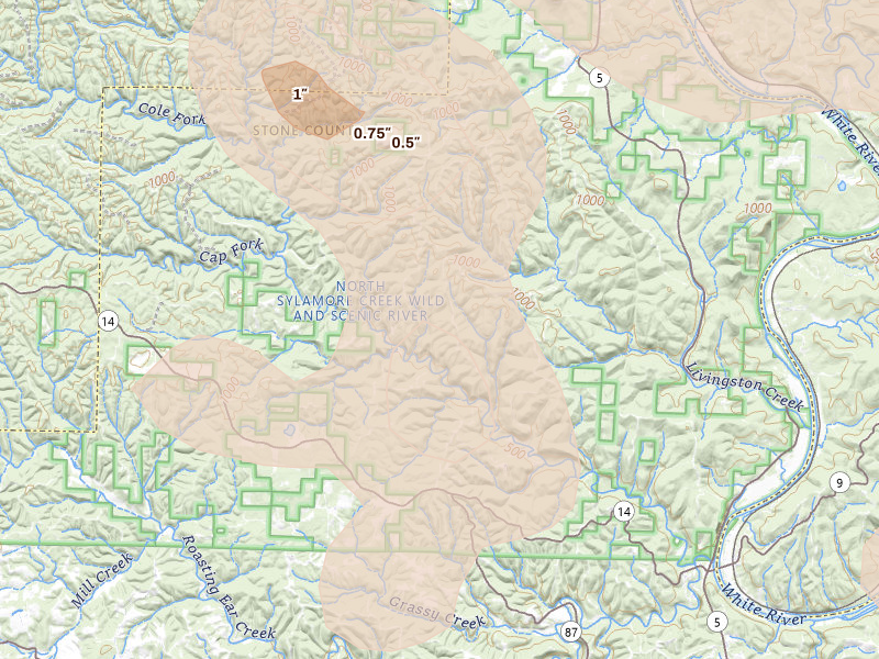 Radar-estimated hail-size map of the storm over Fifty Six, AR on Aug 26, 2026
