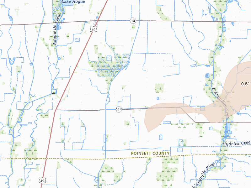 Radar-estimated hail-size map of the storm over Fisher, AR on Apr 28, 2026