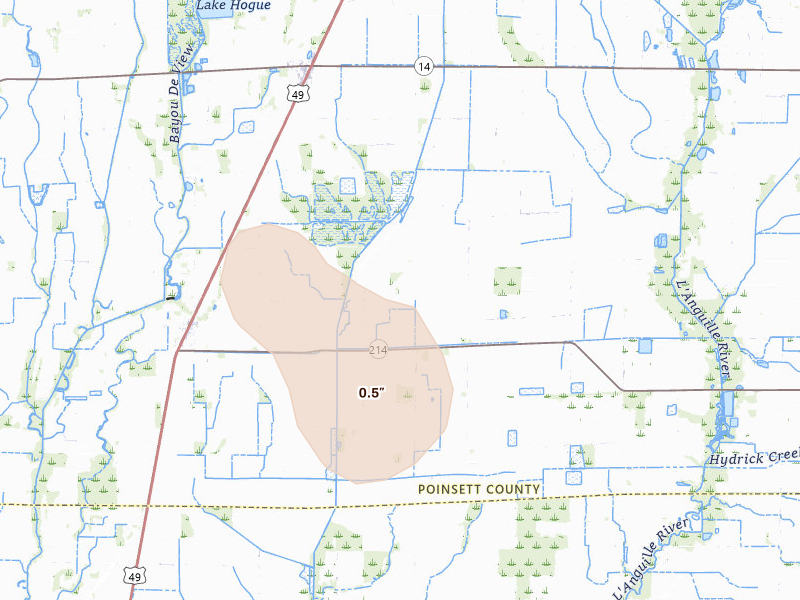 Radar-estimated hail-size map of the storm over Fisher, AR on Jun 1, 2026