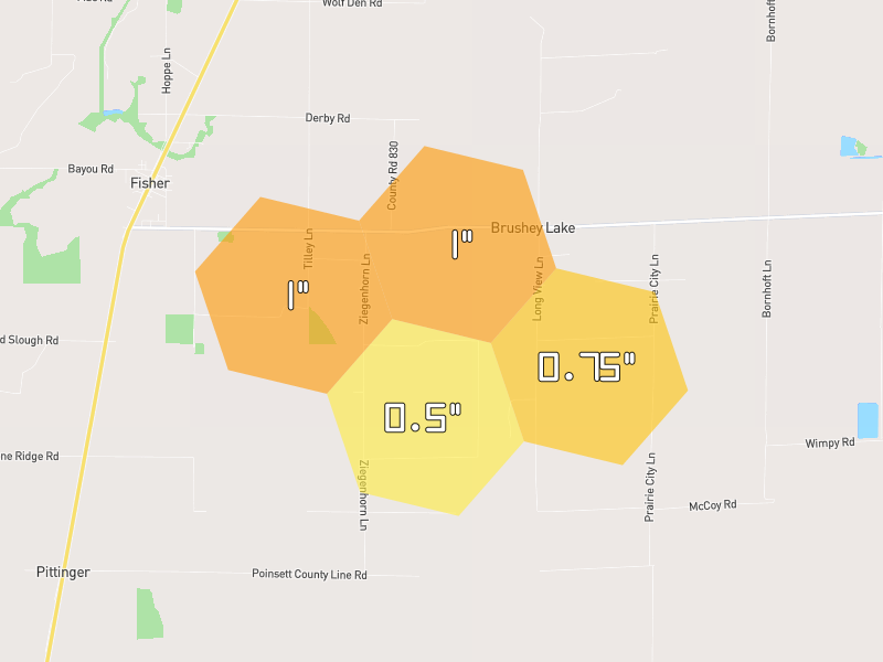 Hail map of Fisher, AR on Jun 2, 2026, hail up to 1"