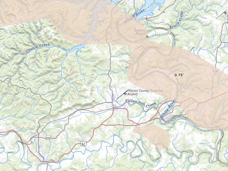 Radar-estimated hail-size map of the storm over Flippin, AR on Aug 6, 2026