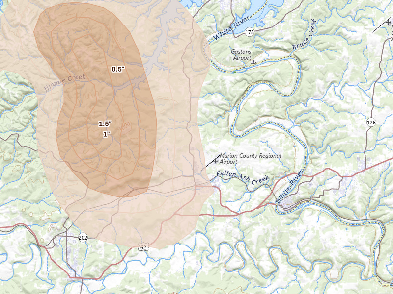 Radar-estimated hail-size map of the storm over Flippin, AR on Aug 26, 2026