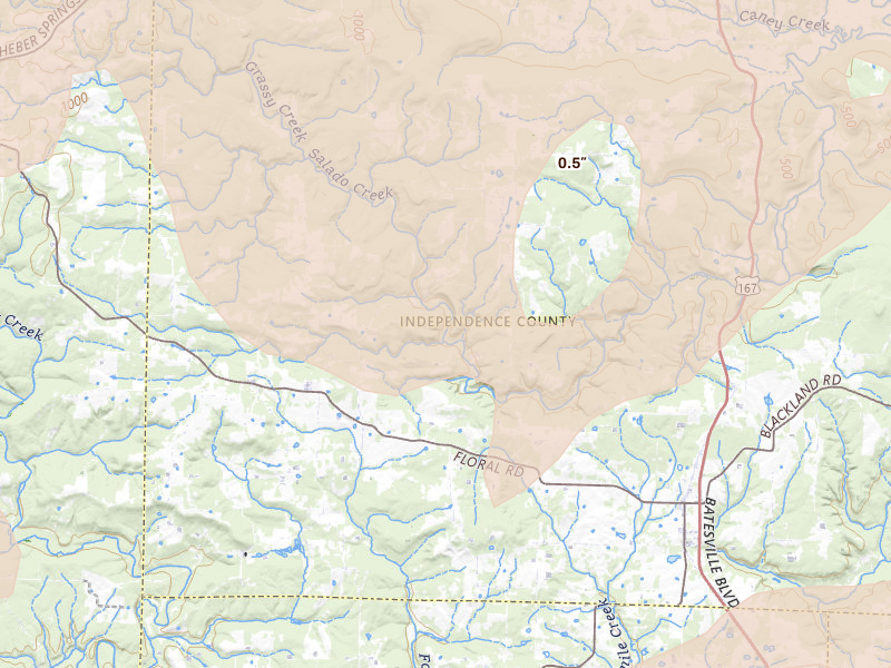 Radar-estimated hail-size map of the storm over Floral, AR on Apr 27, 2026