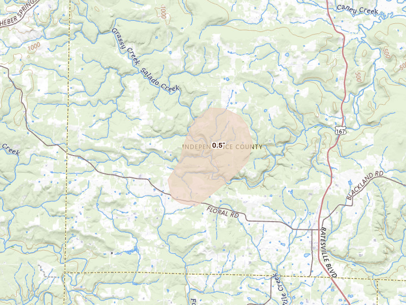 Radar-estimated hail-size map of the storm over Floral, AR on May 17, 2026