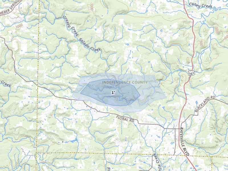 NEXRAD radar-signature map of the hail storm over Floral, AR on May 17, 2026