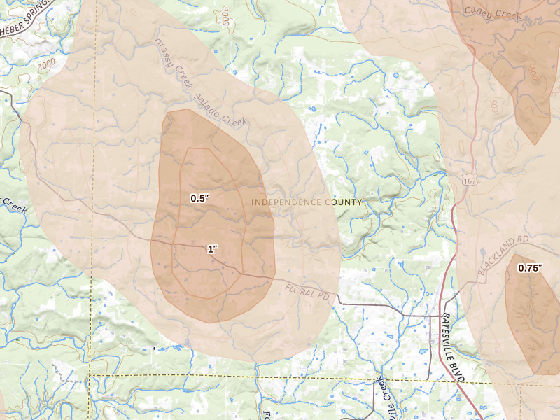 Radar-estimated hail-size map of the storm over Floral, AR on Jun 1, 2026