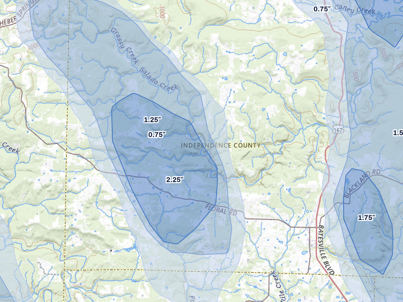 NEXRAD radar-signature map of the hail over Floral, AR