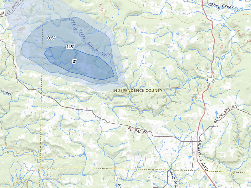 NEXRAD radar-signature map of the hail storm over Floral, AR on Aug 22, 2026
