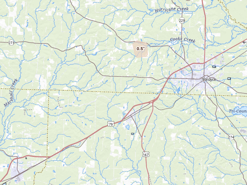 Radar-estimated hail-size map of the storm over Fordyce, AR