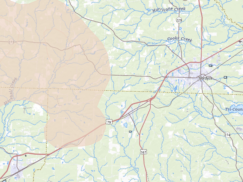 Radar-estimated hail-size map of the storm over Fordyce, AR on Apr 28, 2026
